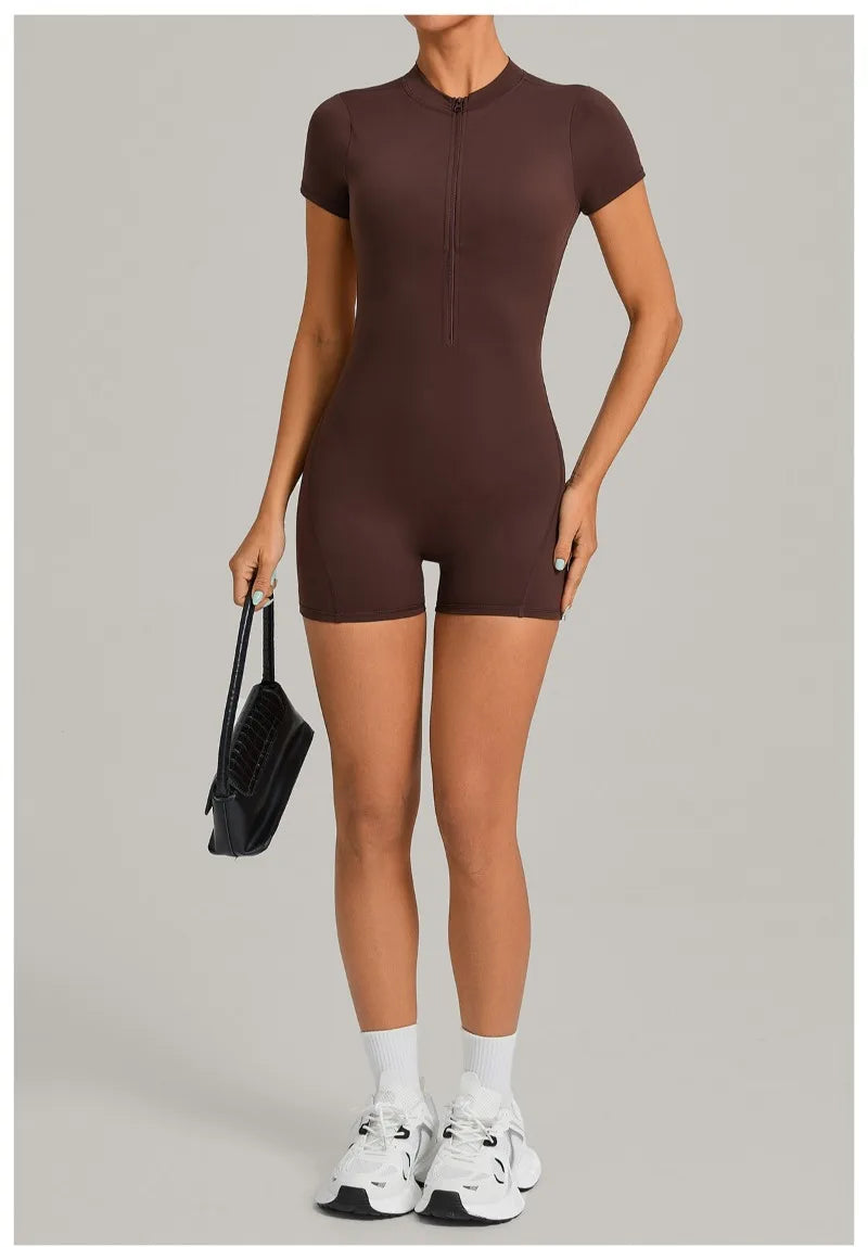 Women's Seamless Yoga Jumpsuits Sports Fitness Beauty Back Slim Fit Short-Sleeves One-Piece Workout Gym Training Bodysuits
