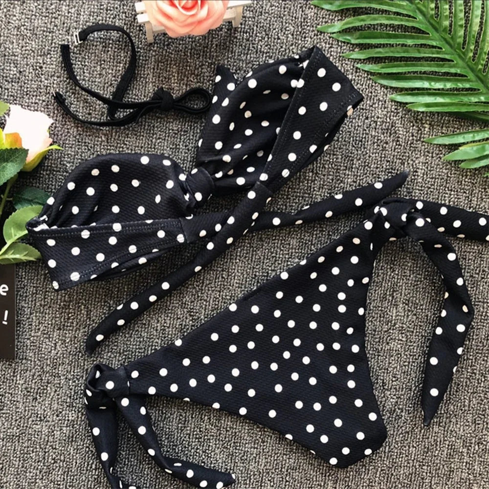 Leopard Knotted Polka Dot Bikini 2025 Women Strapless Bandeau Swimsuit Female Swimwear Two Pieces Bikini Set Bathing Suit Swim