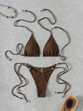 Sexy Coffee Bikini Set Women Pearls Strap Push Up Bandage Thong Swimsuit 2025 Brazilian Summer Bathing Suit Micro Swimwear