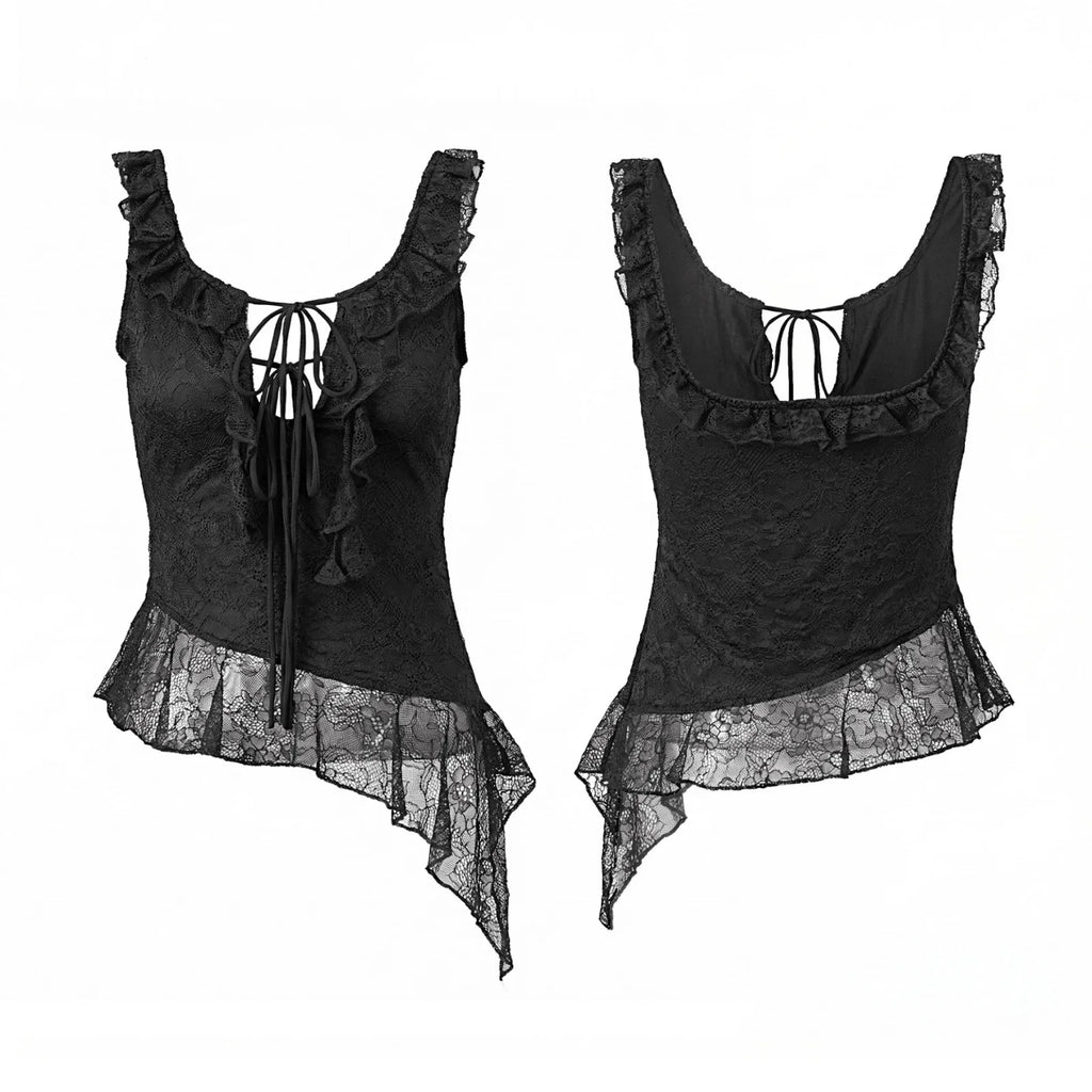 Women Flounce Vest Lace Jacquard Square Neck Tie-up Tank Tops Backless Sleeveless Slim Fit Retro Blouses for Party Club