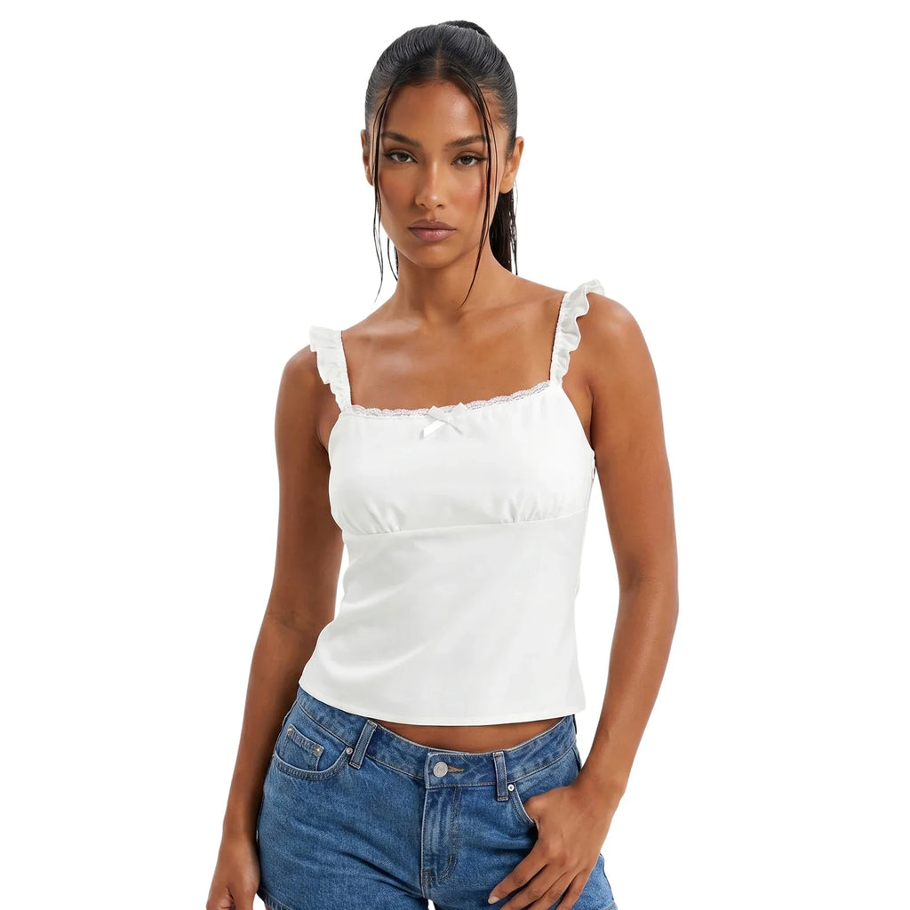 Women Solid Color Lace Trim Cami Tops Slim Flying Sleeve Square Neck Open Back Crop Tops Trendy Summer Streetwear