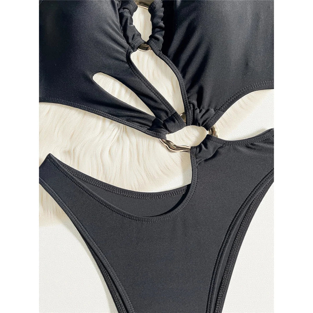 S - XL Asymmetric Halter Cut Out One Piece Swimsuit Women Swimwear Female Metal Ring High Leg Cut Bather Bathing Suit Swim K7065