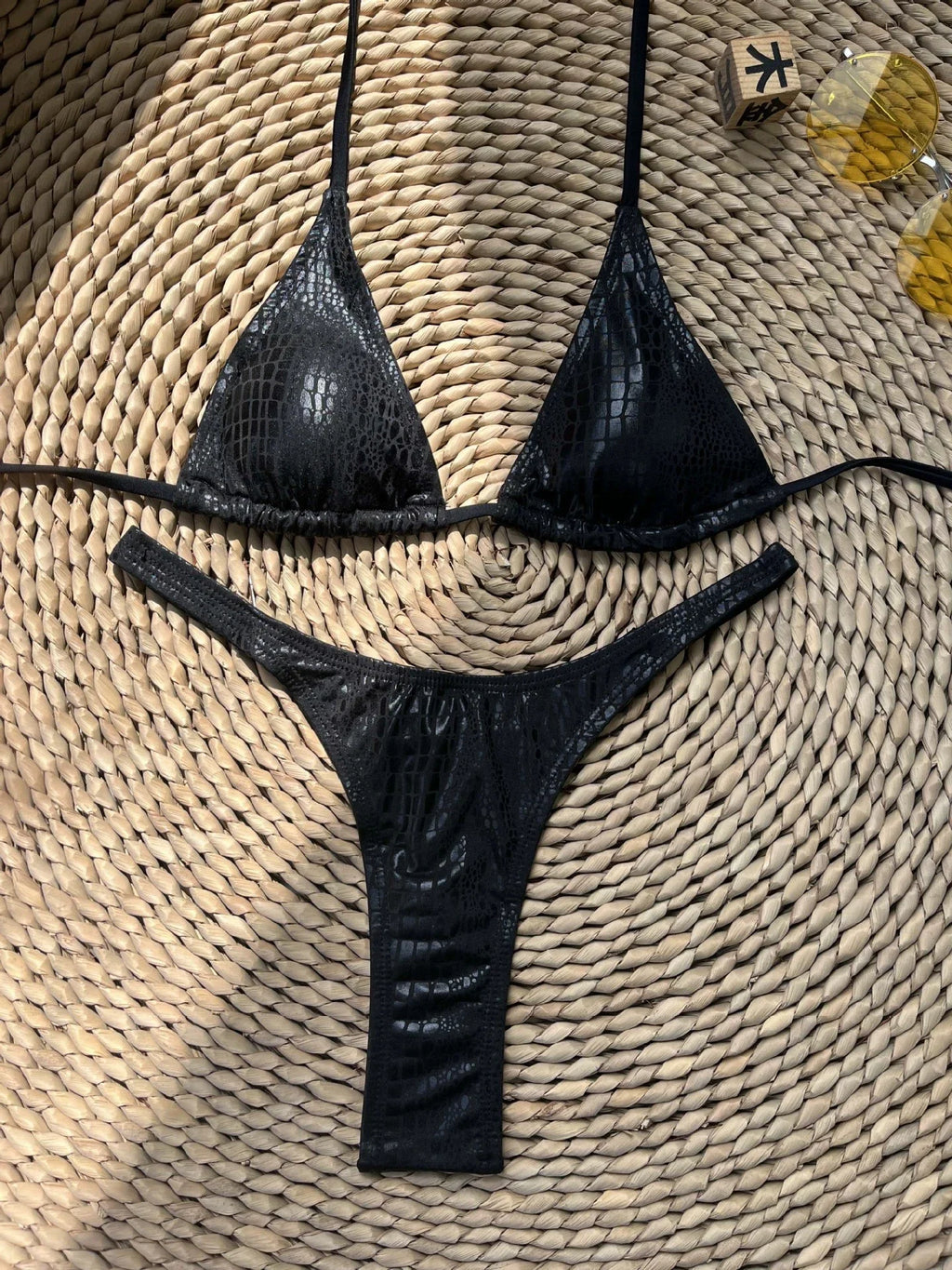 DEKA Luxury Diamond Back Thong Bikini Shiny Black Snakeskin Print Bikini Set Swimwear Women Swimsuit Beach Push Up Bathing Suit