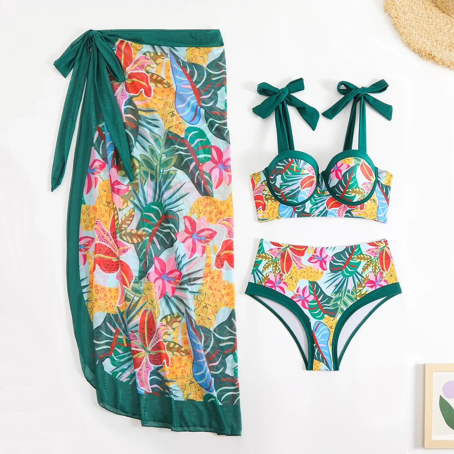 Vintage Green Leaves Print Bikini Set 2026 Women Tie Strap Push Up Underwire Long Skirt 3 Piece Swimsuit Bathing Suit Swimwear