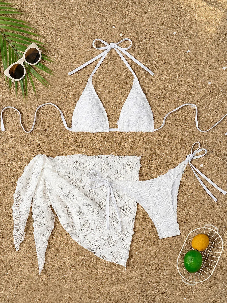 3D Flower with Mesh Sarong Skirt Bikini Women Swimwear Female Swimsuit Three-pieces Bikini Set White Bathing Suit Swim Beachwear