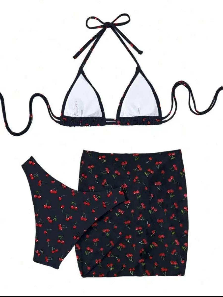 With Mesh Skirt Cherry Printed Bikini Female Swimsuit Women Swimwear Three Pieces Bikini Set Halter Bathing Suit Swim Beachwear