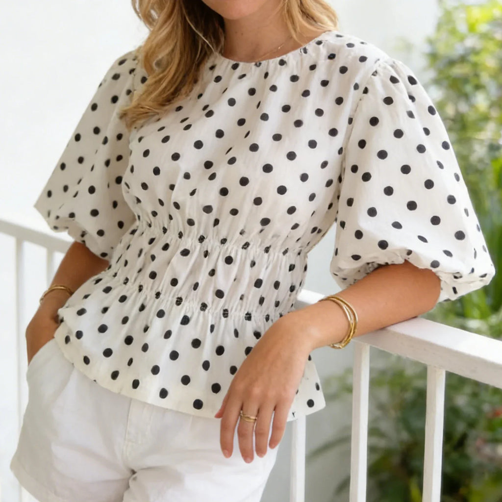 Women's Summer Puff Sleeve Tops Fashionable Dot Print Round Neck Cinched Waist T-shirts for Casual Daily Wear