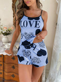 Love Print Pajama Set Women Summer Cami Top and Shorts Loungewear Sleepwear Cute Heart Letter Print Nightwear Home Clothes
