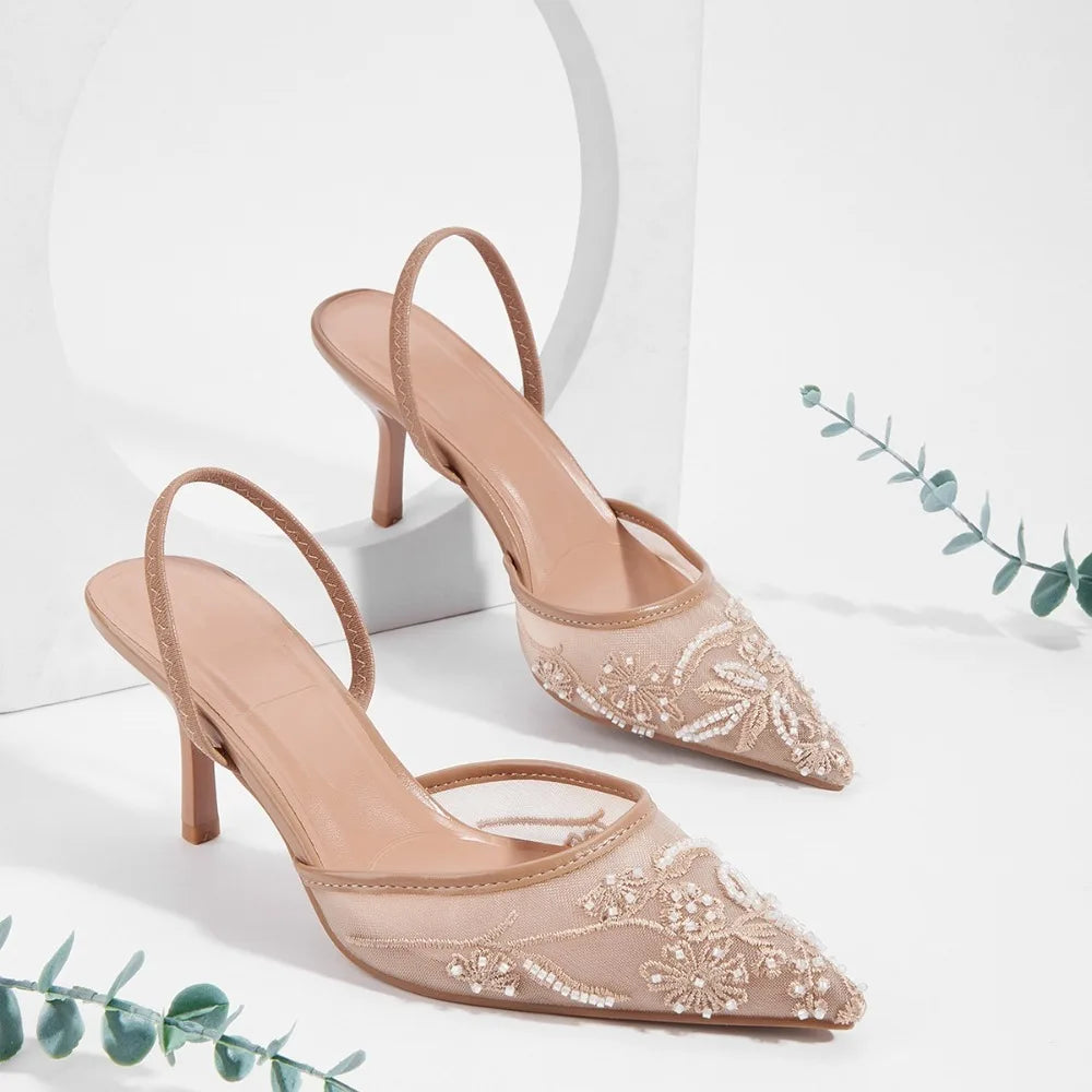 Brand Lace Designer White Women Wedding Pumps Mesh Embroidered Flowers Back Strap Sexy Slingback High Heels Dress Shoes Ladies