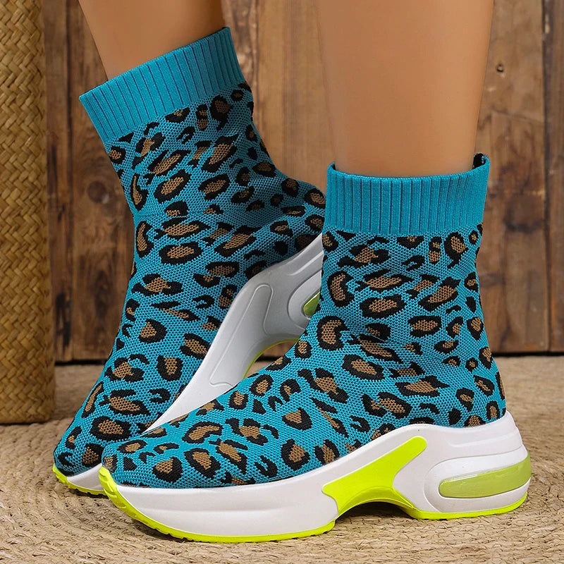 Fashion Leopard Print Platform Ankle Boots Women Comfy Slip On Breathable Knitted Boots Woman Plus Size 35-43 Wedges Short Boots