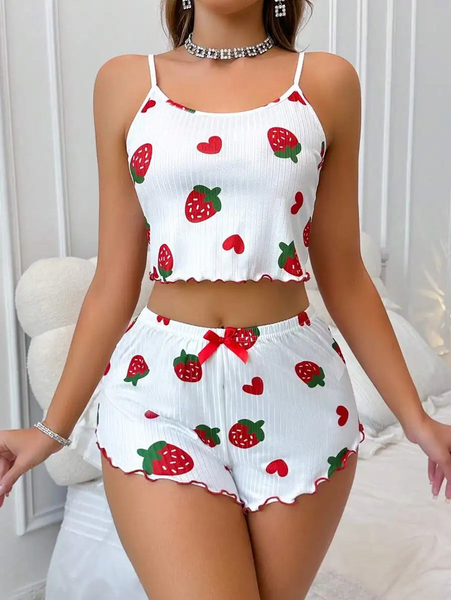 Summer Strawberry Print 2PCS Pajama Set Women's Casual Sleepwear Suspender Crop Tops and Shorts Comfortable Home Wear