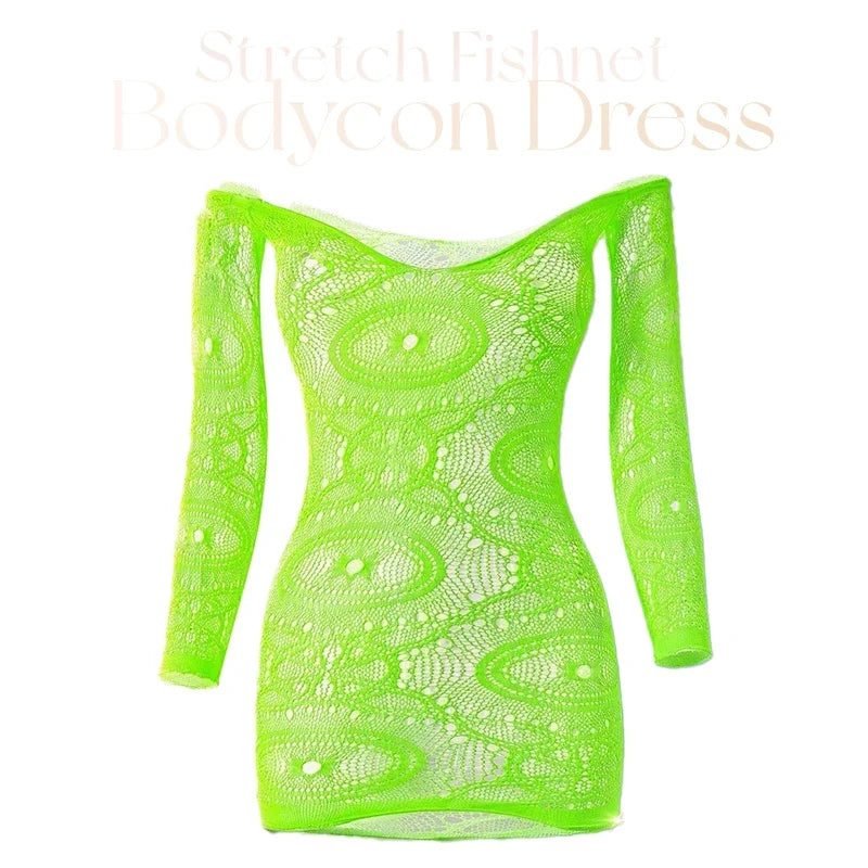 Women Sheer Mesh Long Sleeve Beach Cover Up, Sexy See-Through Fishnet Dress, Solid Bodycon  For Summer Beach Party