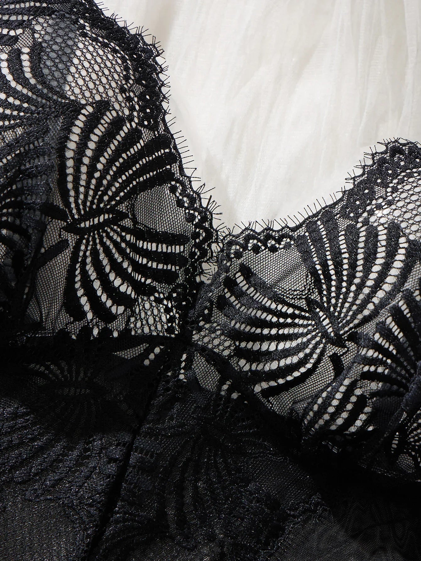 Black Sheer Mesh Teddy Bodysuit Women Floral Lace V Neck Ruffle Trim One Piece Lingerie Intimate Body Suit Sleepwear ZA825256