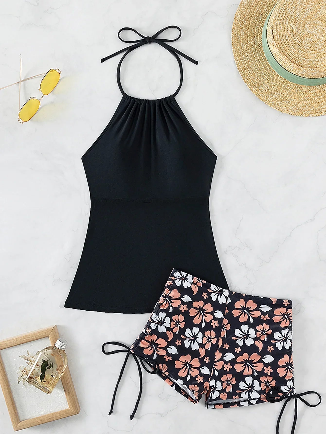2026 Women's Bikini 2-piece Swimwear Tankini Set Sexy Halter Black Bathing Suit  Floral Print Drawstring High Waist Swimsuit