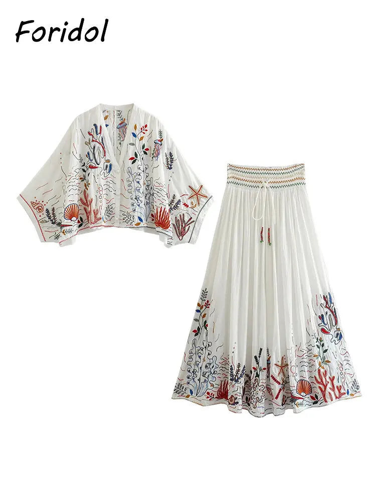 Foridol Marine Organism Embroidery Batwing Sleeve Summer Spring Maxi Skirt Set Cotton White Tassle Dress Set Outfits Button Suit