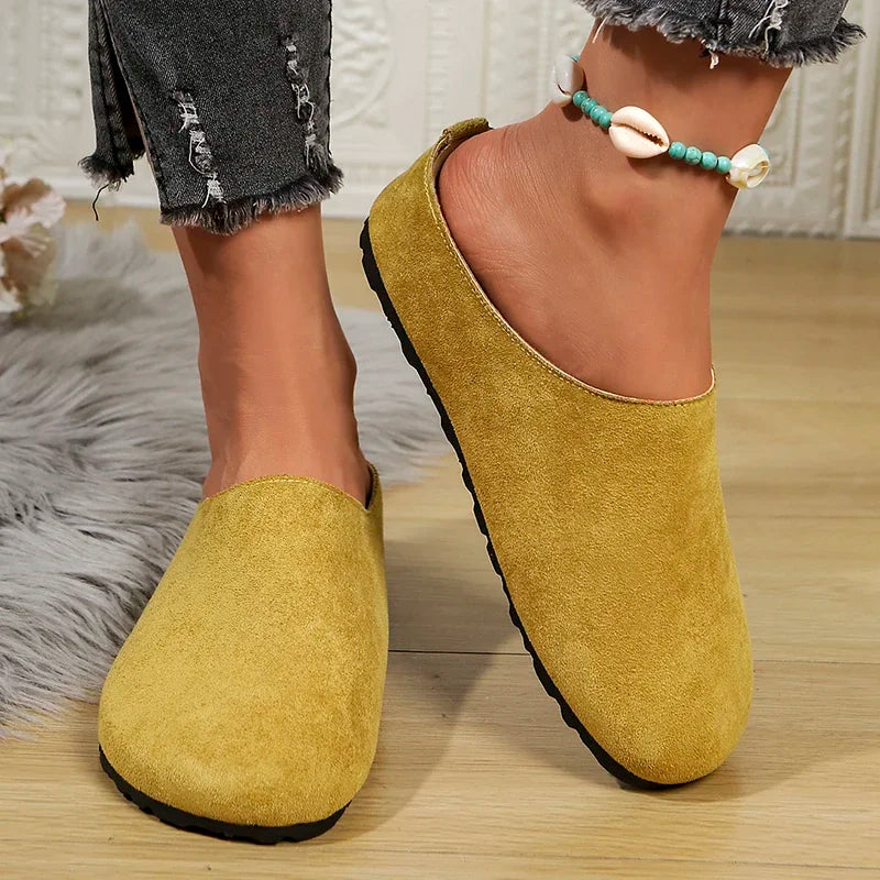 Spring Round Toe Cork Clogs Slippers for Women Outdoor Cork Footbed Flat Heels Mules Shoes Woman Plus Size Suede Slides Female