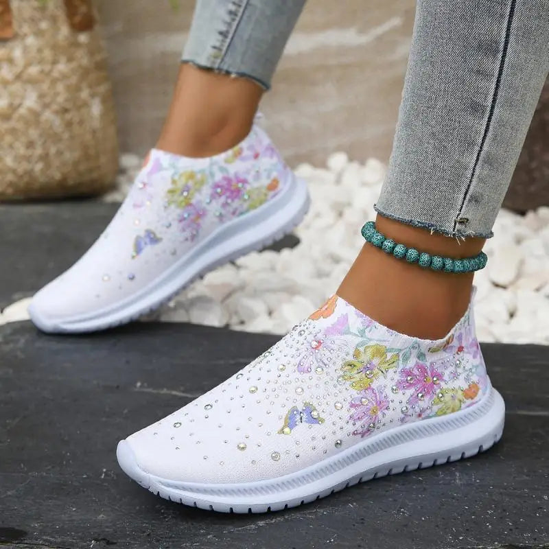 2025 Fashion Crystal Platform Sneakers Women Plus Size Slip On Flowers Printed Flats Woman Breathable Soft Sole Wakling Shoes