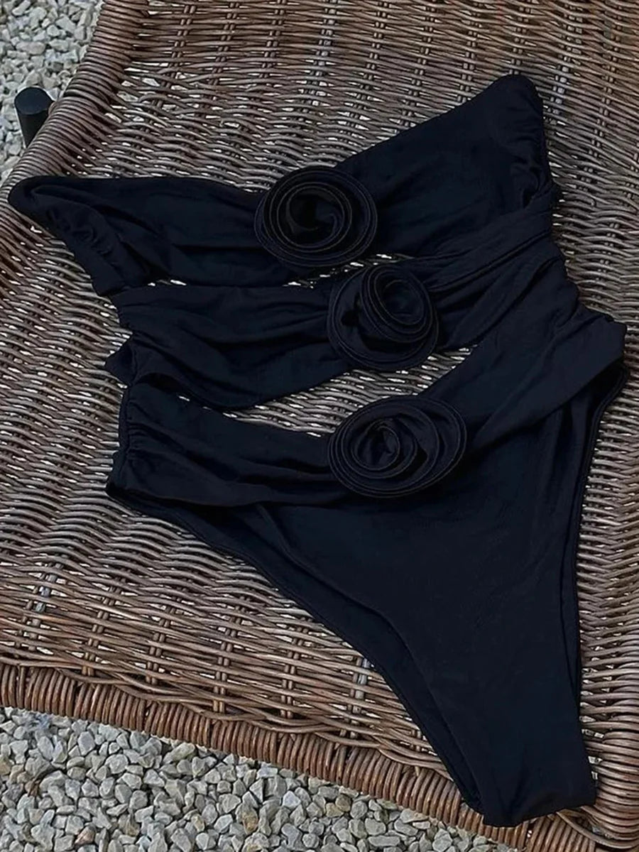 Sexy 3D Flowers Bandeau Monokini Hollow Out Female Swimwear One Piece Swimsuit Women High Cut Bathing Suit Swim Lady Beach wear