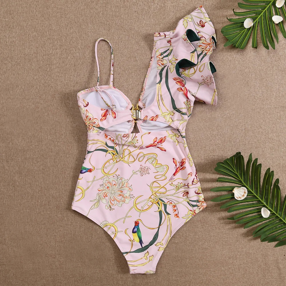 2023 Sexy One Piece Swimsuit One Shoulder Ruffle  Swimwear Women Bathing Suit Print Floral Beachwear Luxury Monokini