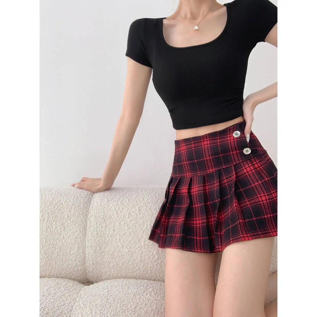 American Style Retro Low Waisted JK Plaid Pleated Skirt Women 2026 Summer New Spicy Girl Wrap Hip Slim A-line Ultra Skirt YOQG
