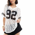 Women Summer Lace Football T-Shirt Casual Number Print See-Through V-Neck Short Sleeve Basic Tops for Streetwear