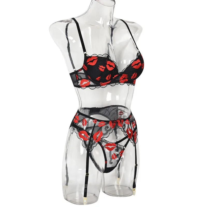 Toucheart Sexy Bra Lingerie 2-piece Set Mesh Transparent Bodysuit Heart Embroidery Lace Hollow Underwear Sexy Bras Body Femme