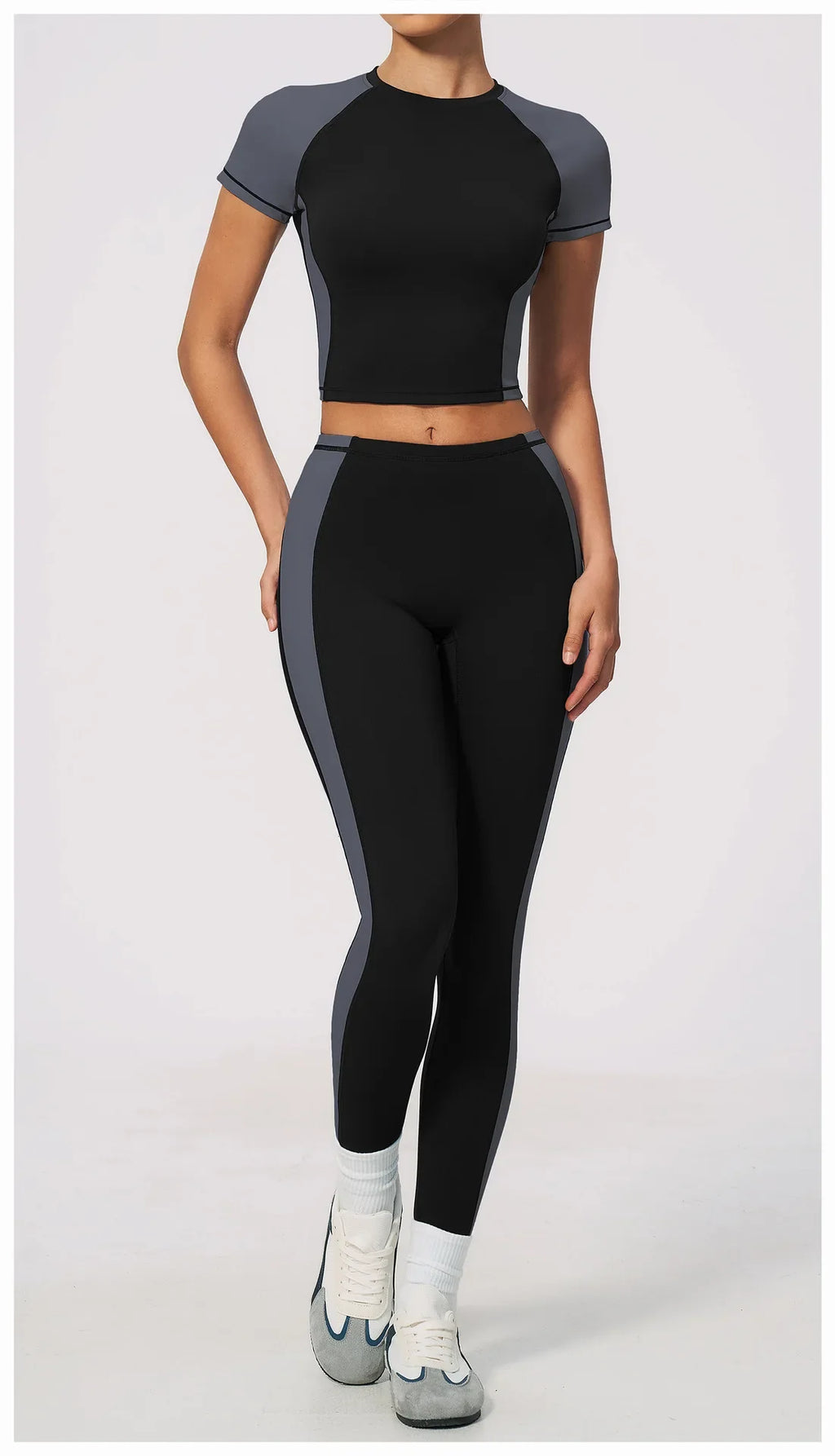 Nake Yoga Set Women's Tracksuit Color Contrast Short Sleeve Slim Sports T Shirts High Waist Leggings Fitness Clothes Gym Outfits