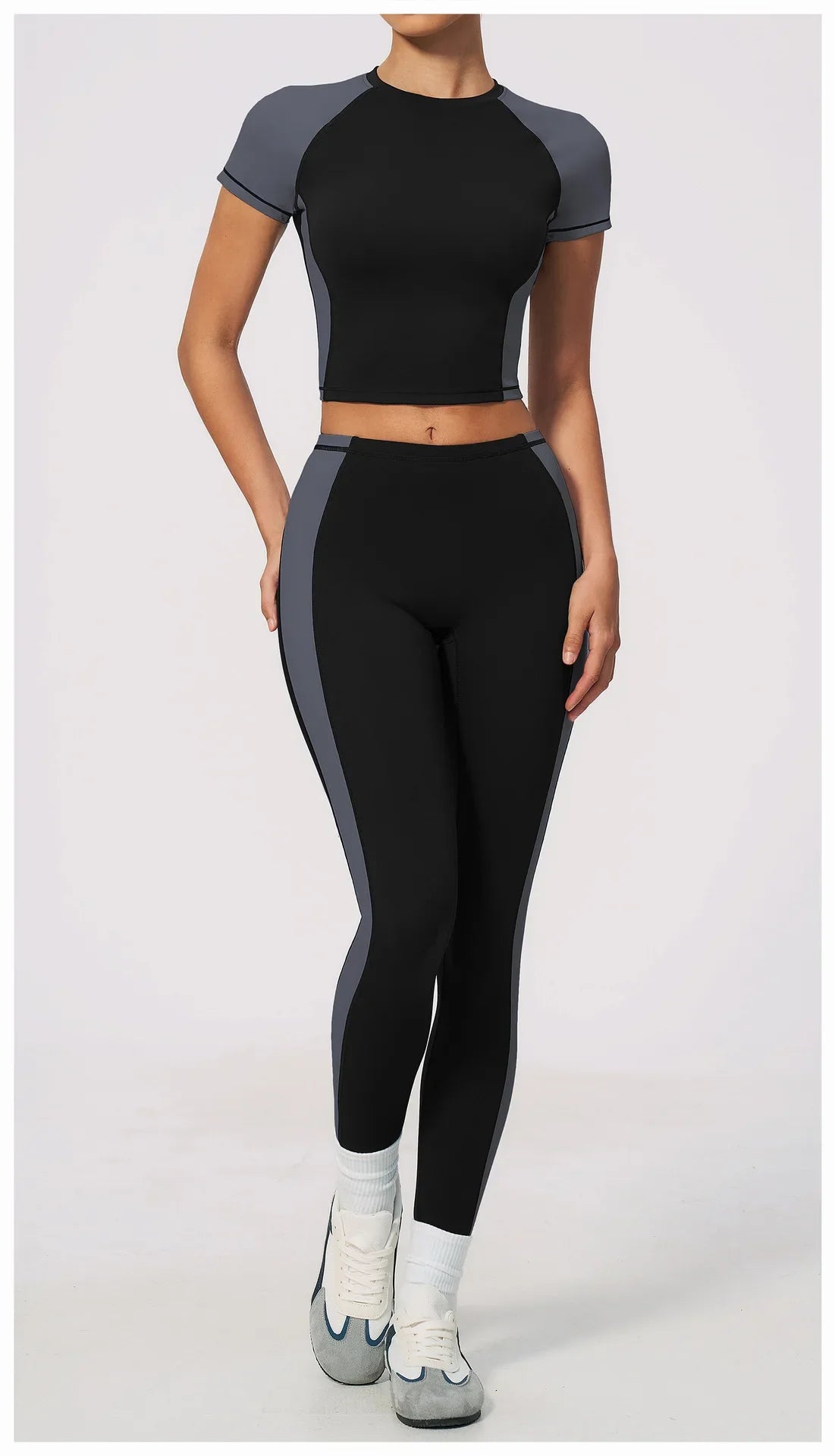 Nake Yoga Set Women's Tracksuit Color Contrast Short Sleeve Slim Sports T Shirts High Waist Leggings Fitness Clothes Gym Outfits