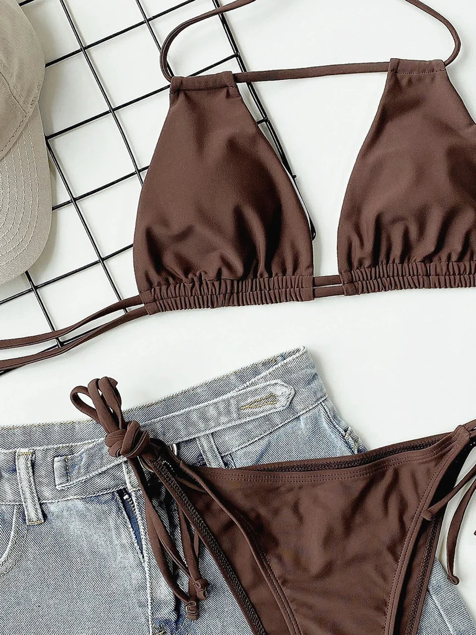 2025 Sexy Tie Side Strappy Halter Bikini Female Swimsuit Women Swimwear Two-pieces Bikini set Hollow out Bathing Suit Swim Lady