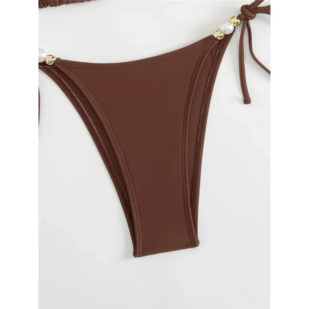 New Halter Pearls Bikini Women Swimwear Female Swimsuit Two-pieces Bikini set High Leg Cut Padded Bather Bathing Suit Swim K7194