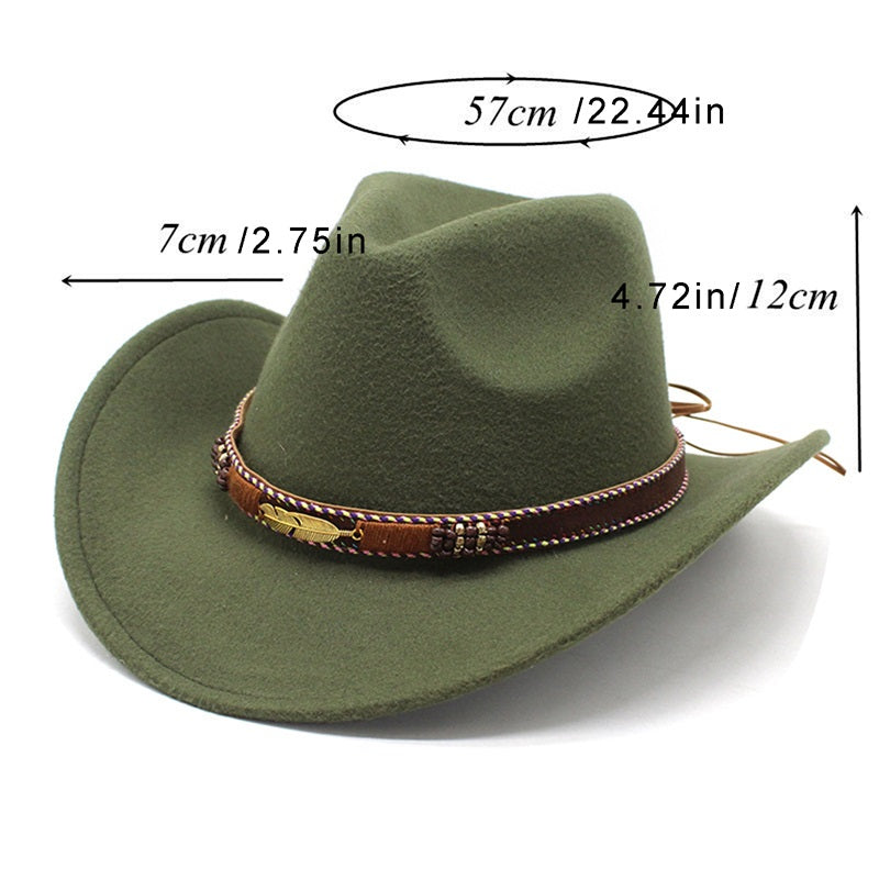Women Men Wide Brim Floppy Cowboy Hat Western Style Wool Felt Flat Top Cap Classic Vintage Bowler Hat Party