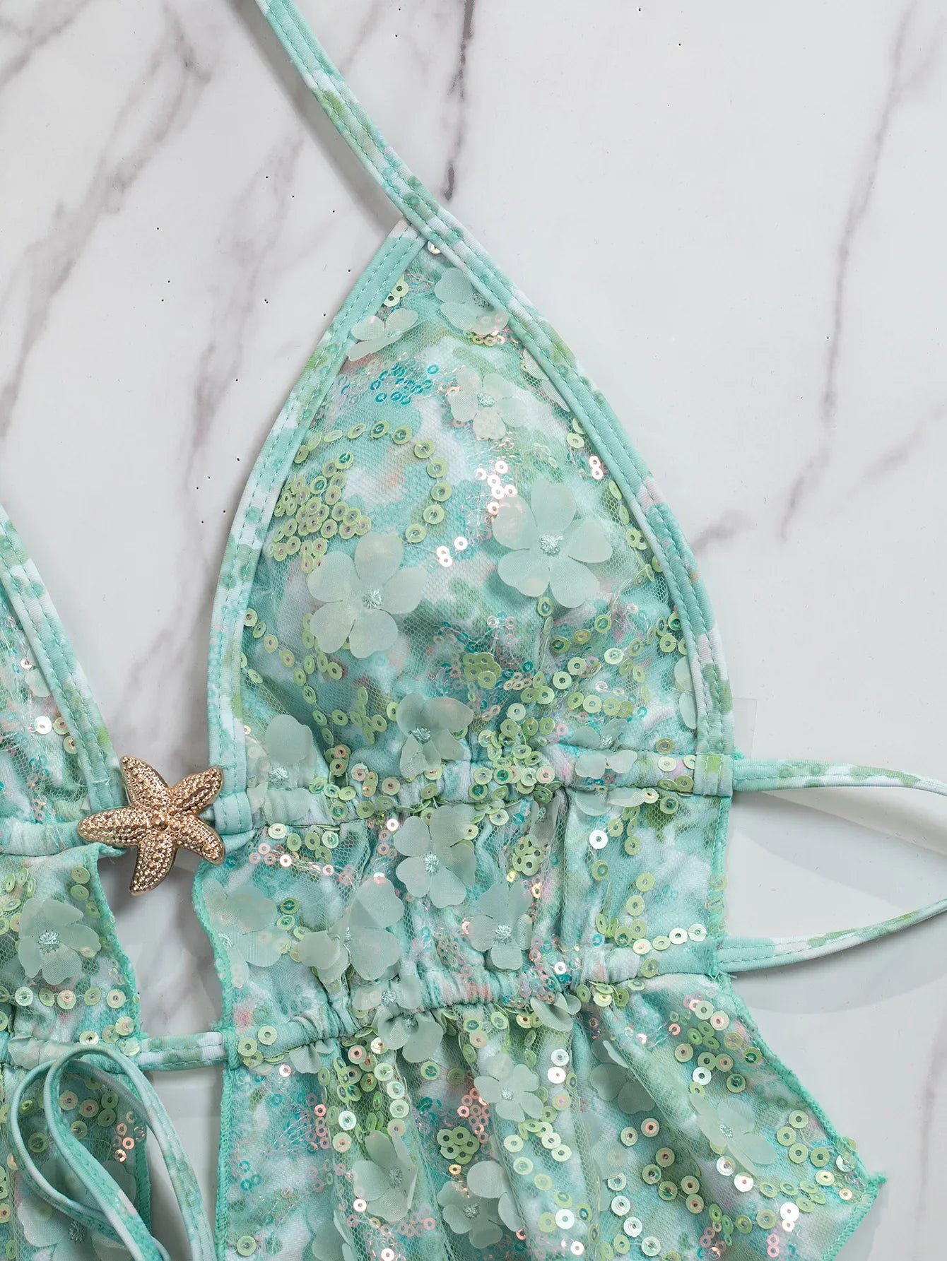 DEKA Summer Sequins Floral Halter Bikini Women's Sexy Backless Swimwear with Tie Detail Summer Strappy Two Piece Bathing Suit