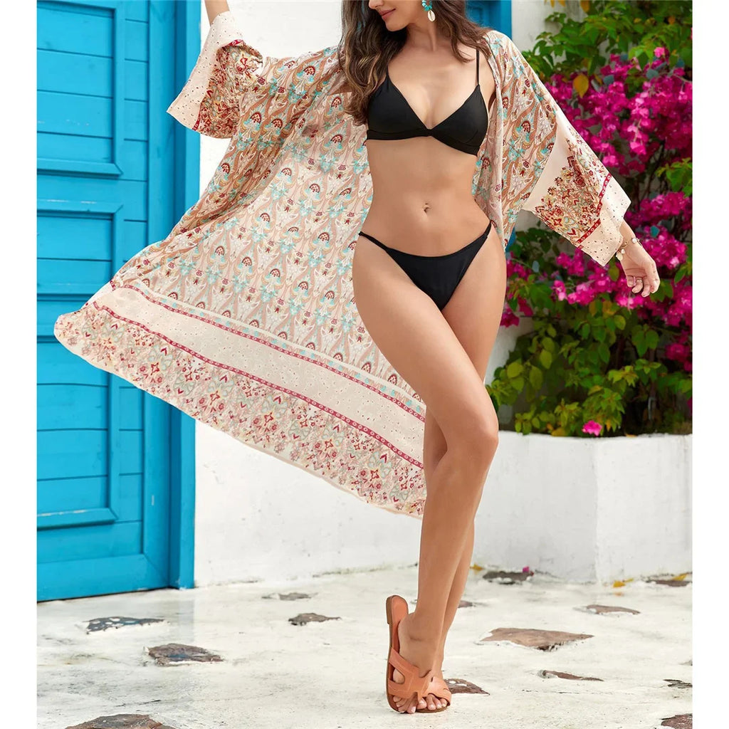 Printed Long Sleeve Crochet Knitted Cardigan Tunic Beach Cover Up Cover-ups Beach Dress Beach Wear Beachwear Female Women K7203