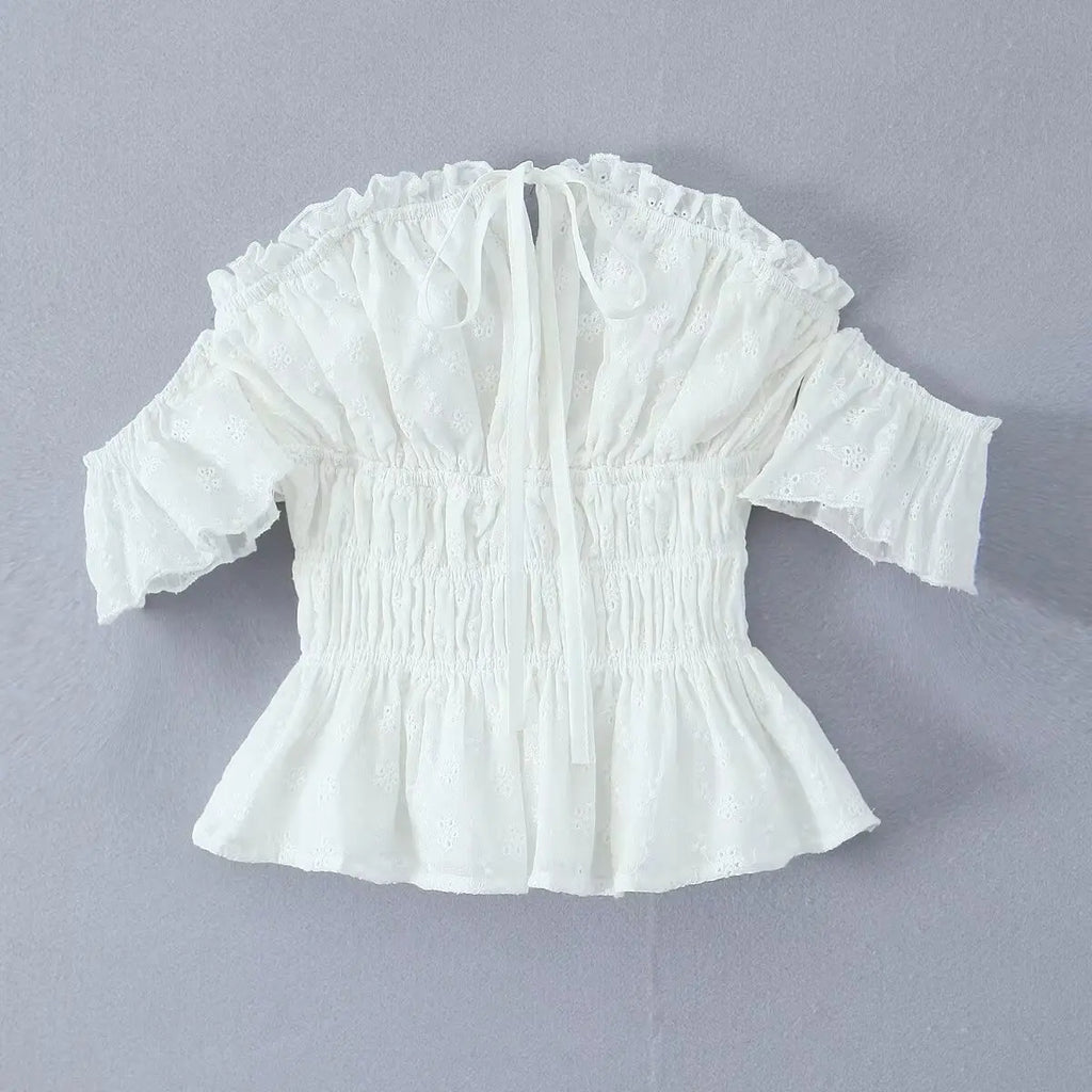 Spring New Style Elegant Ruffled One-shoulder Casual Top Shirt Womens White Off Shoulder Ruffle Waist Short Sleeve Casual OERV