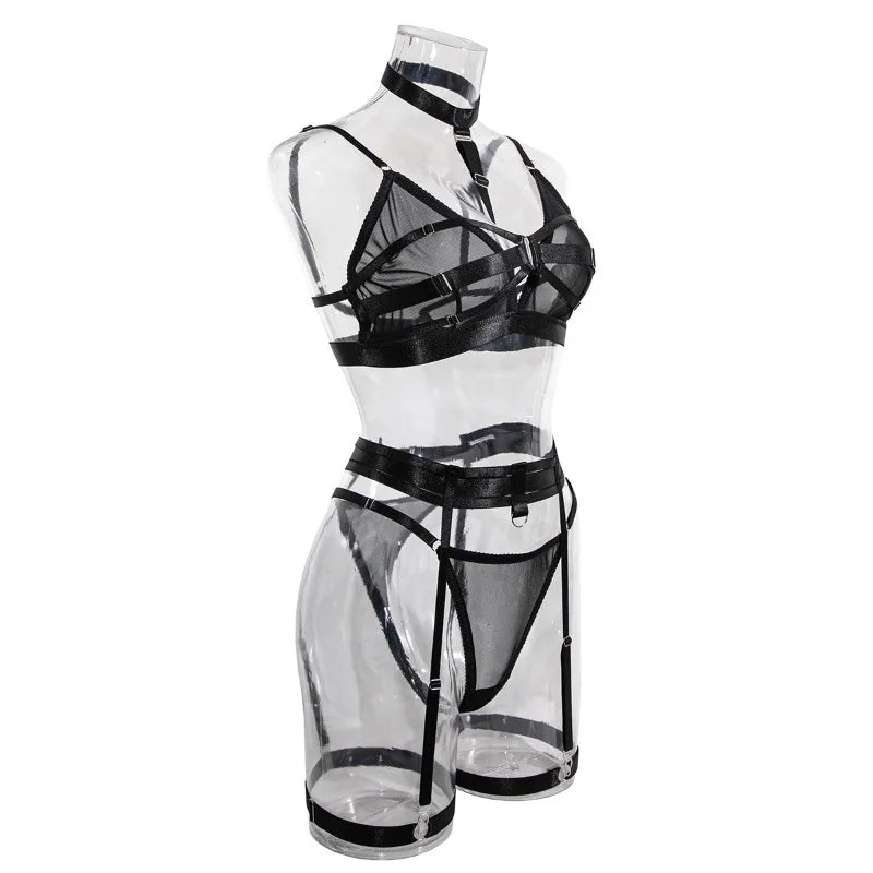 Toucheart Sexy Mesh Patchwork Halter Bra Set For Women Solid Color Hot Girl Girdle Garter Belt Micro See-through Underwear Set