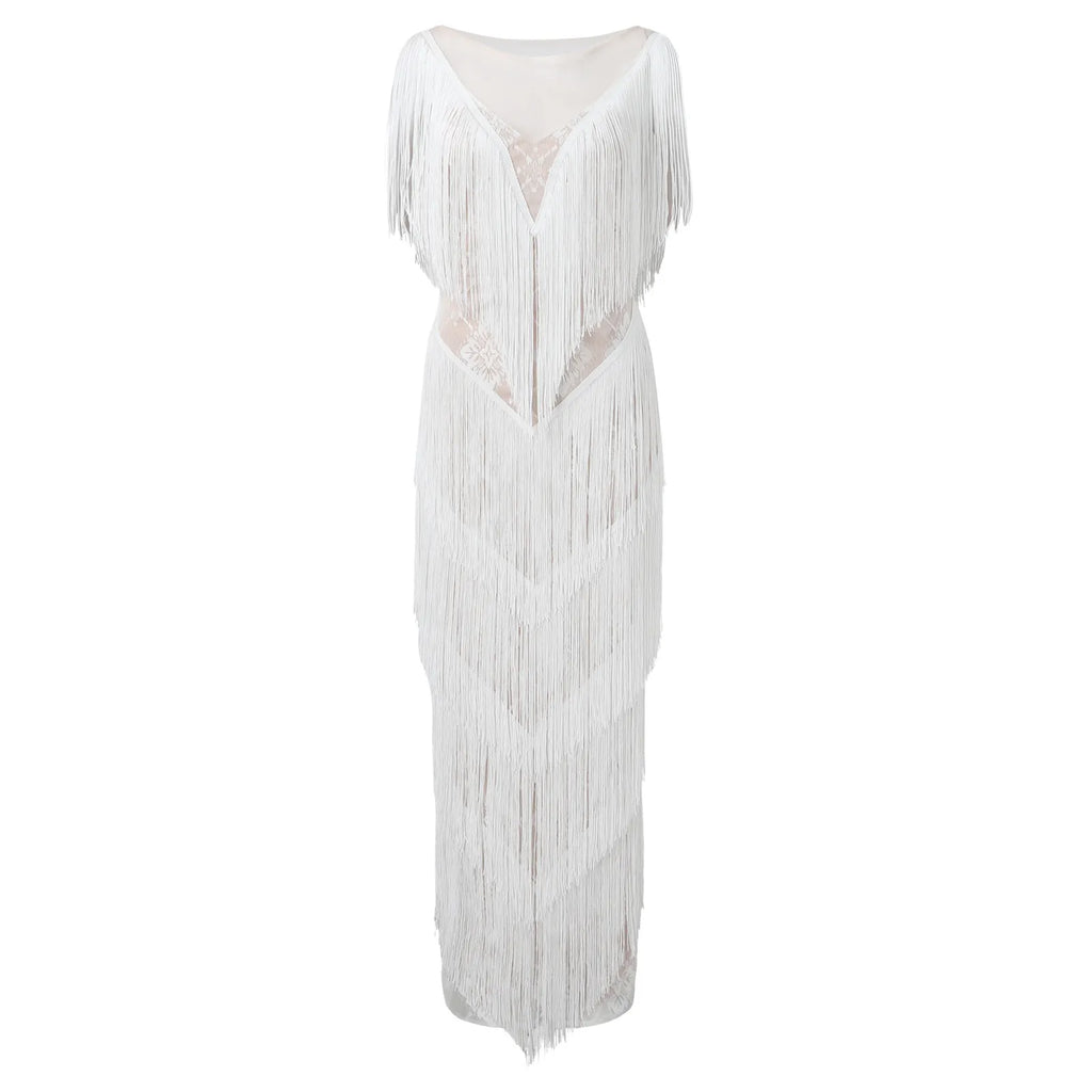 Womens Deep V Midi Fringed Dresses Sleeveless Pencil Party Solid Elegant Sexy Skirt Long Dresses Evening Party Mujer
