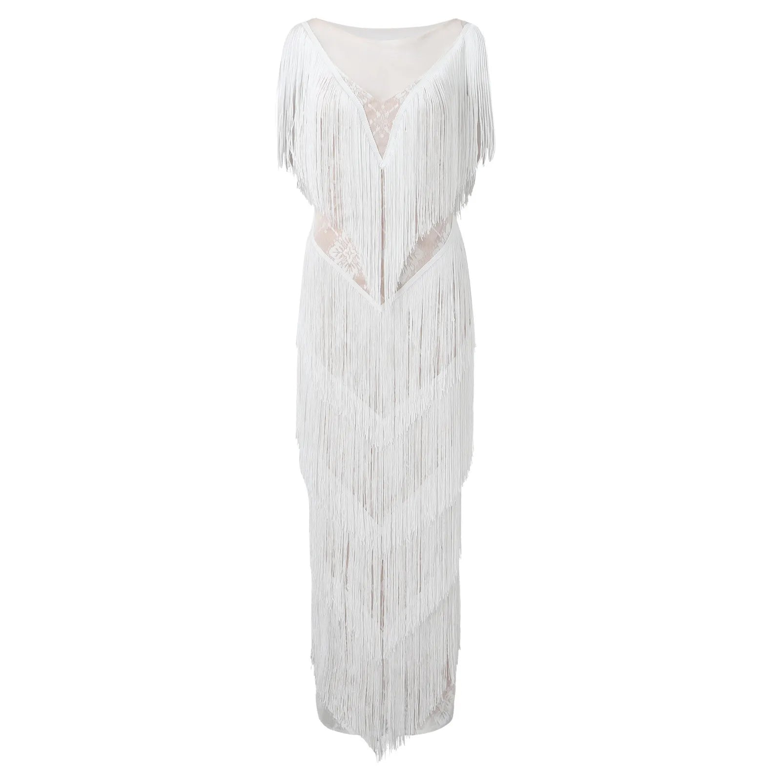 Womens Deep V Midi Fringed Dresses Sleeveless Pencil Party Solid Elegant Sexy Skirt Long Dresses Evening Party Mujer