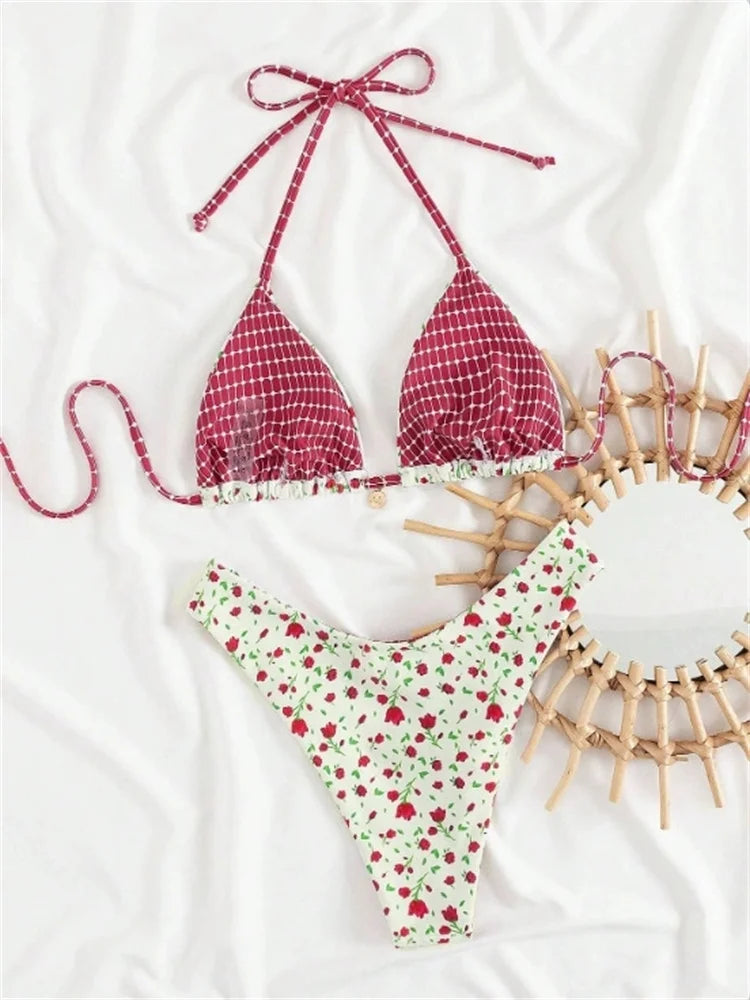 Sexy White Floral Print Micro Bikini 2026 Women Push Up Bra High Waist Swimsuit Beach Bathing Suit Holiday Two Piece Swimwear