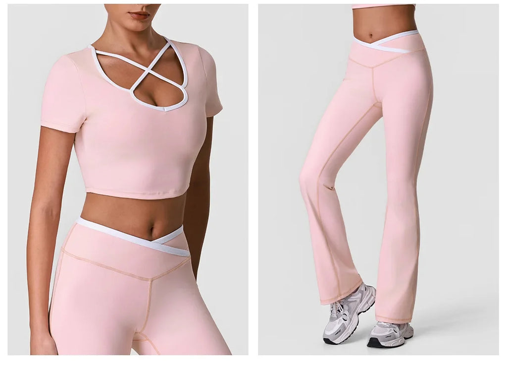 Summer Quick Drying Yoga Sets Women Black Patchwork Short Sleeve Cross Neck Sports Top High Waist Flared Pants Fitness Suits
