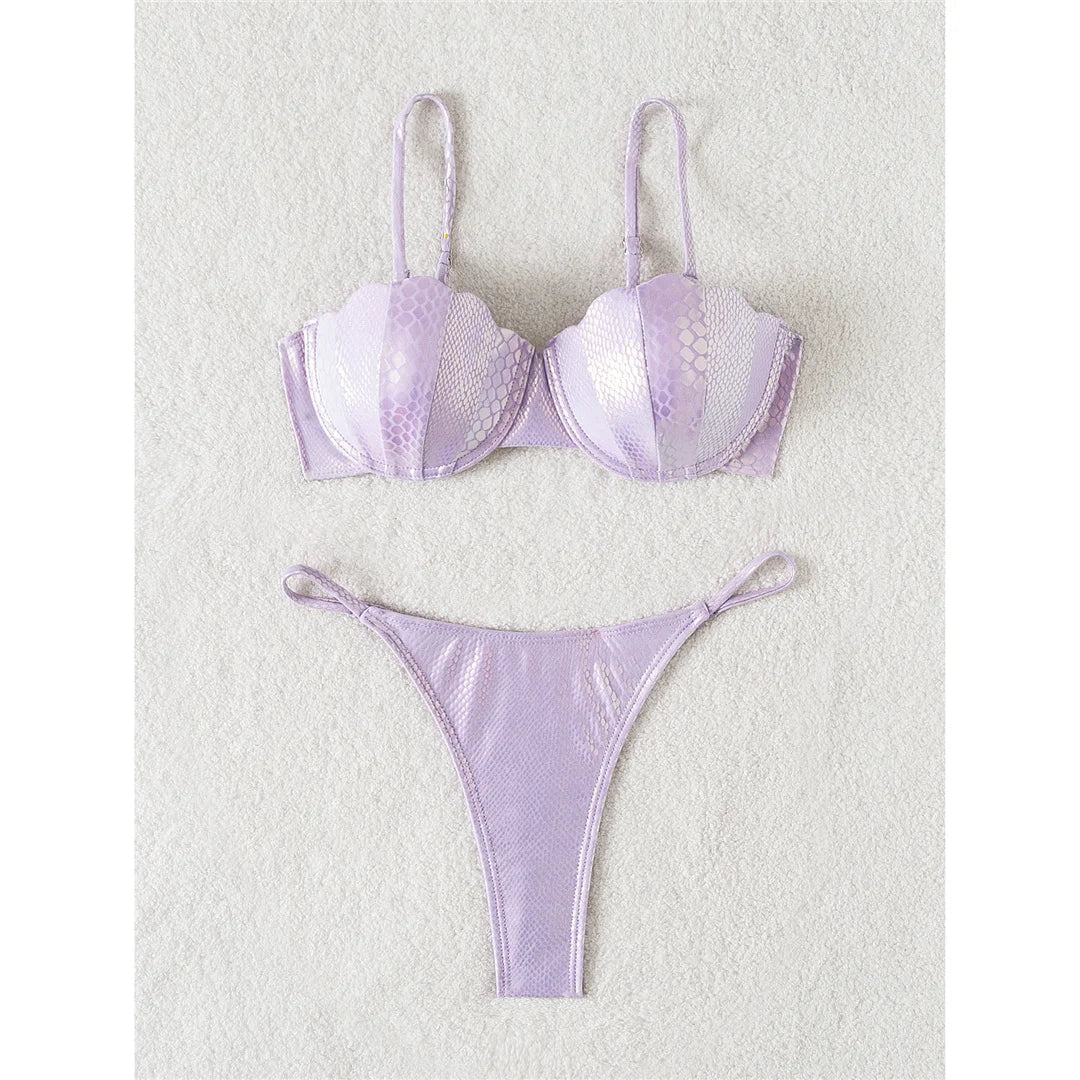 Scalloped Snake Skin Thong Bikini Female Swimsuit Women Swimwear Two-Pieces Bikini Set Bra Cup Bather Bathing Suit Swim V4650