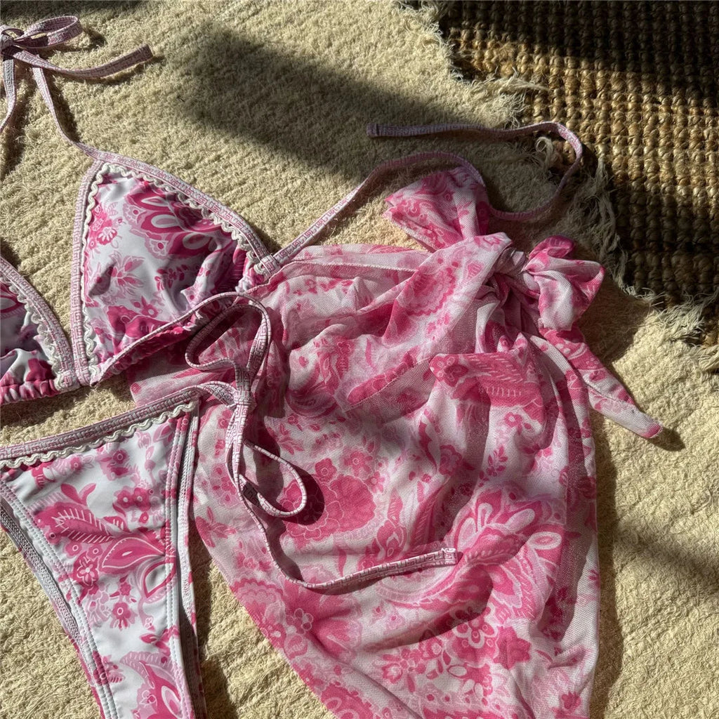 With Sarong Printed Halter Bikini Women Swimwear Female Swimsuit Three-pieces Bikini set Padded Bather Bathing Suit Swim V6966