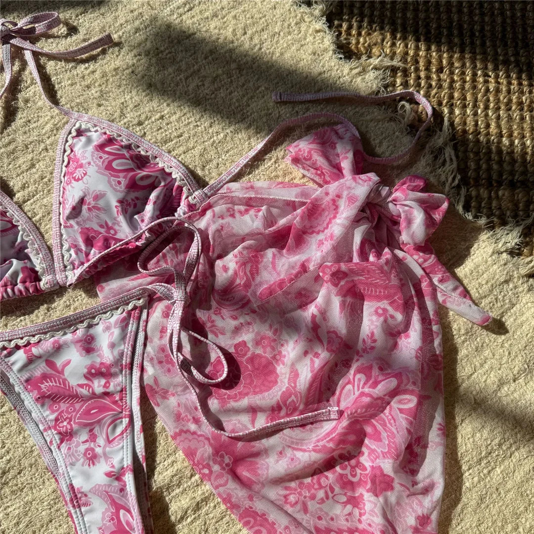 With Sarong Printed Halter Bikini Women Swimwear Female Swimsuit Three-pieces Bikini set Padded Bather Bathing Suit Swim V6966