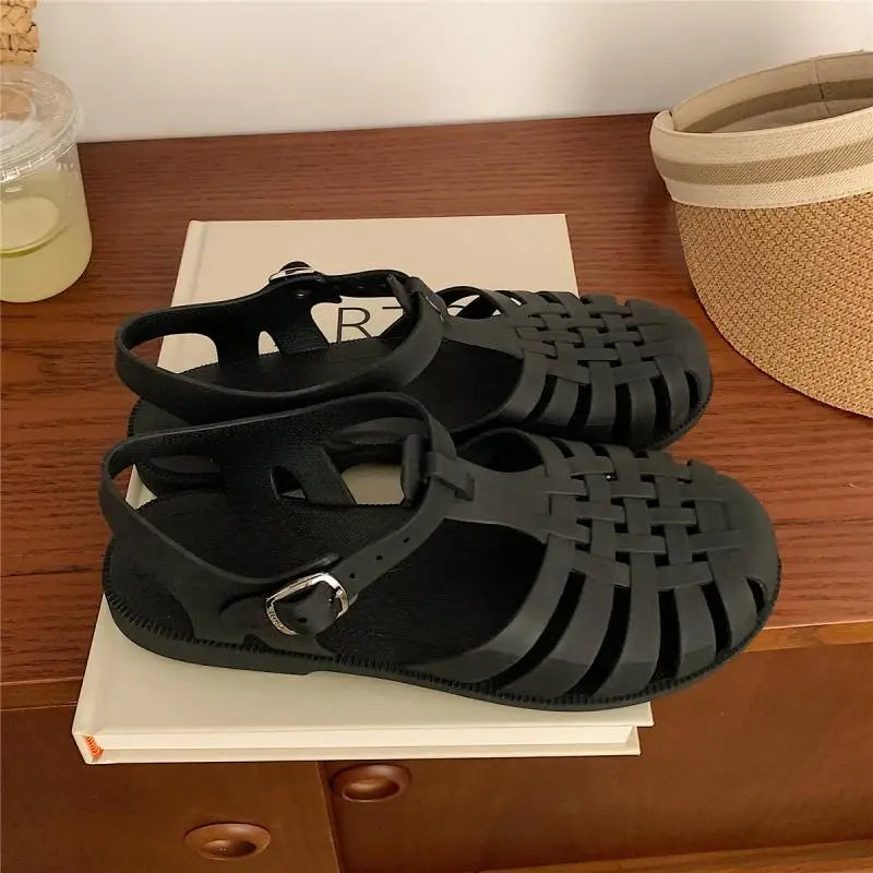 Women Rome Sandals Cut-out Gladiator Style Summer Shoes Soft PVC Peep Toe Girls Student Street Outdoor Sandals