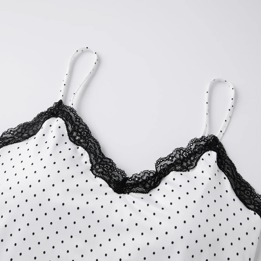 Women Summer Lace Trim Camisoles Sexy Dot Print Slim Fit V Neck Spaghetti Strap Tops
