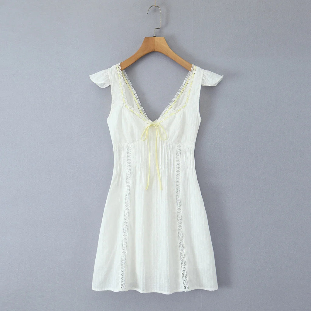 White Lace Dress Summer Women's Dress Bowknot Back Tie Up Short Beach Vestidos Female Sleeveless Mini Casual Cotton Dress 2025
