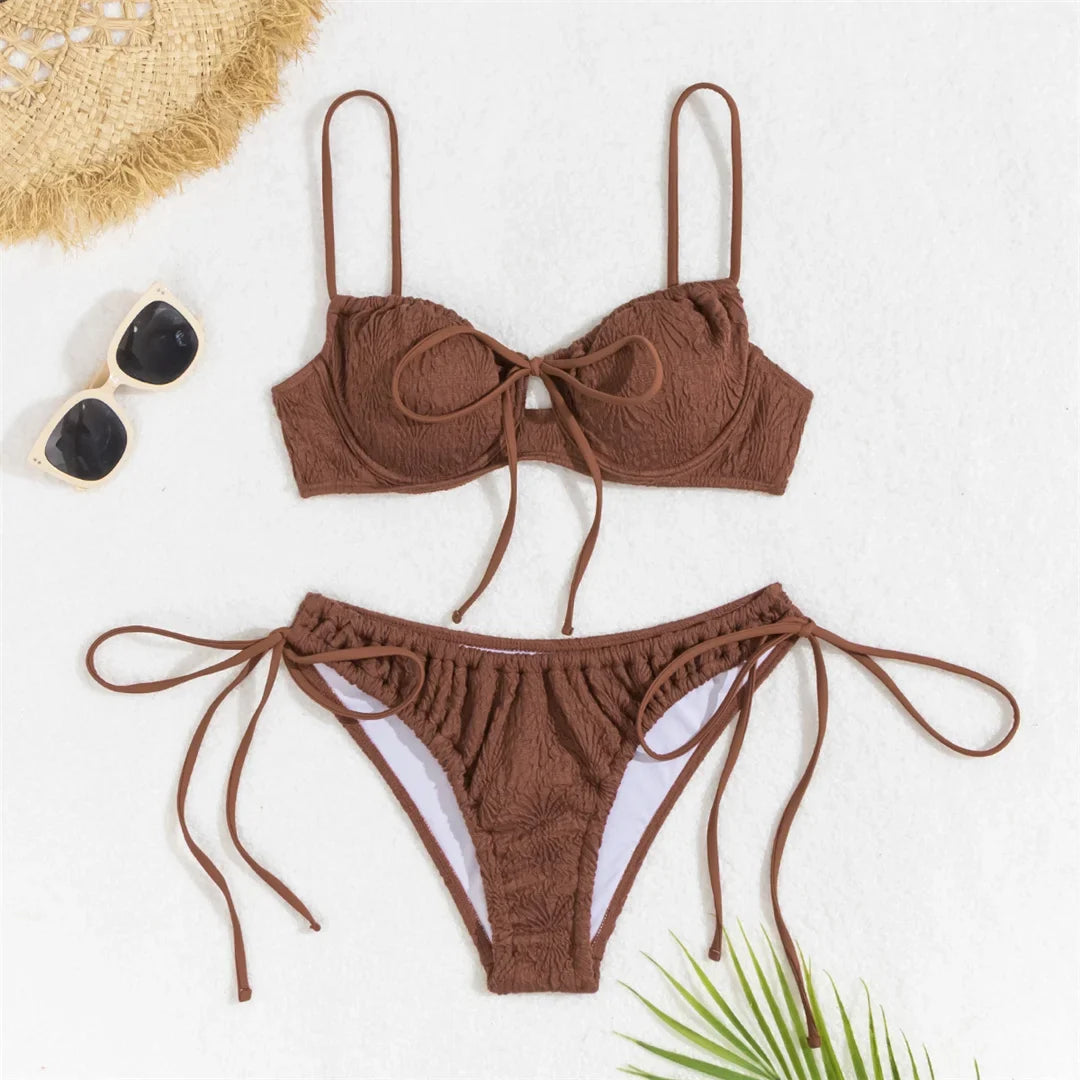Wrinkled Underwired Knotted High Cut Bikini Female Swimsuit Women Swimwear Two-Pieces Bikini Set Bather Bathing Suit Swim V5807