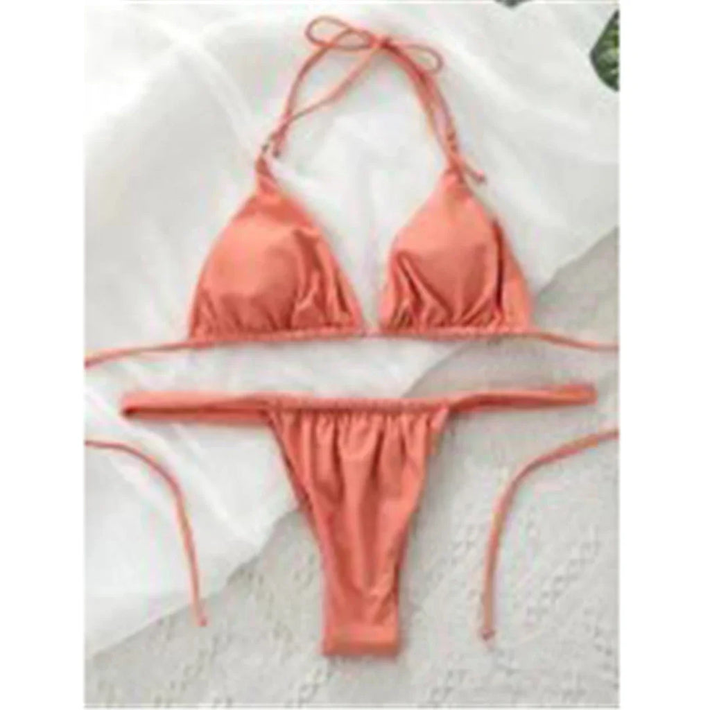 Wrinkled High Cut Mini Micro Thong Bikini Women Swimwear Female Swimsuit Two-pieces Bikini Set Halter Bather Bathing Suit Swim