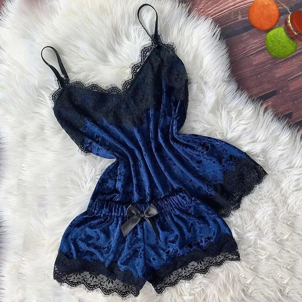 Summer Lace Sleepwear Sexy Satin Pajamas Set Women Nightshirt 2 Pieces Crop Tops and Shorts Set Homewear Loungewear