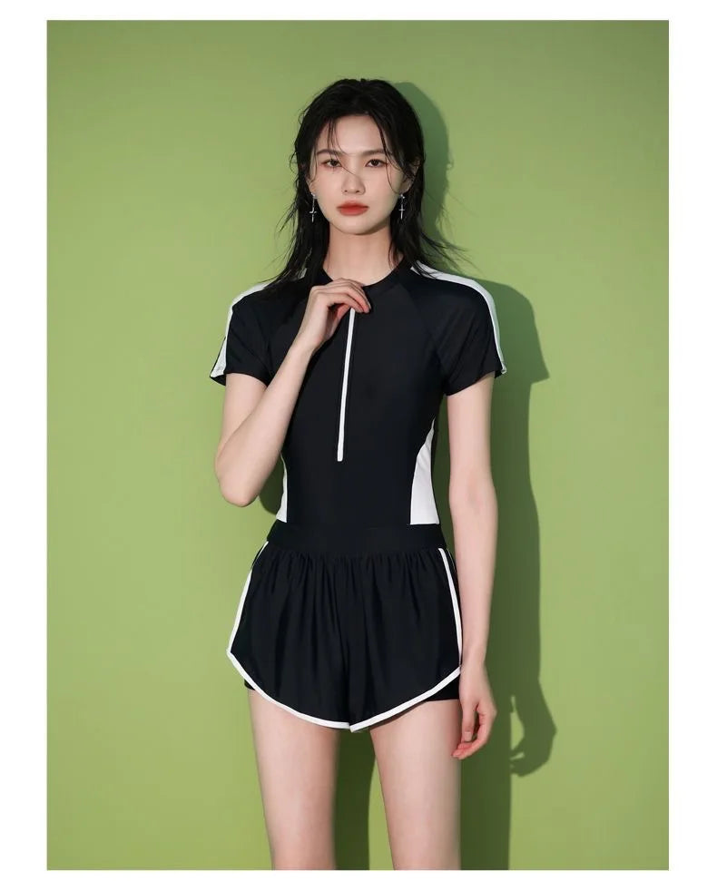New Women's Swimsuit, One-piece Coverage Slimming Effect  Conservative Sports Style Hot Spring Flat Leg Pants Swimsuit Plus Size