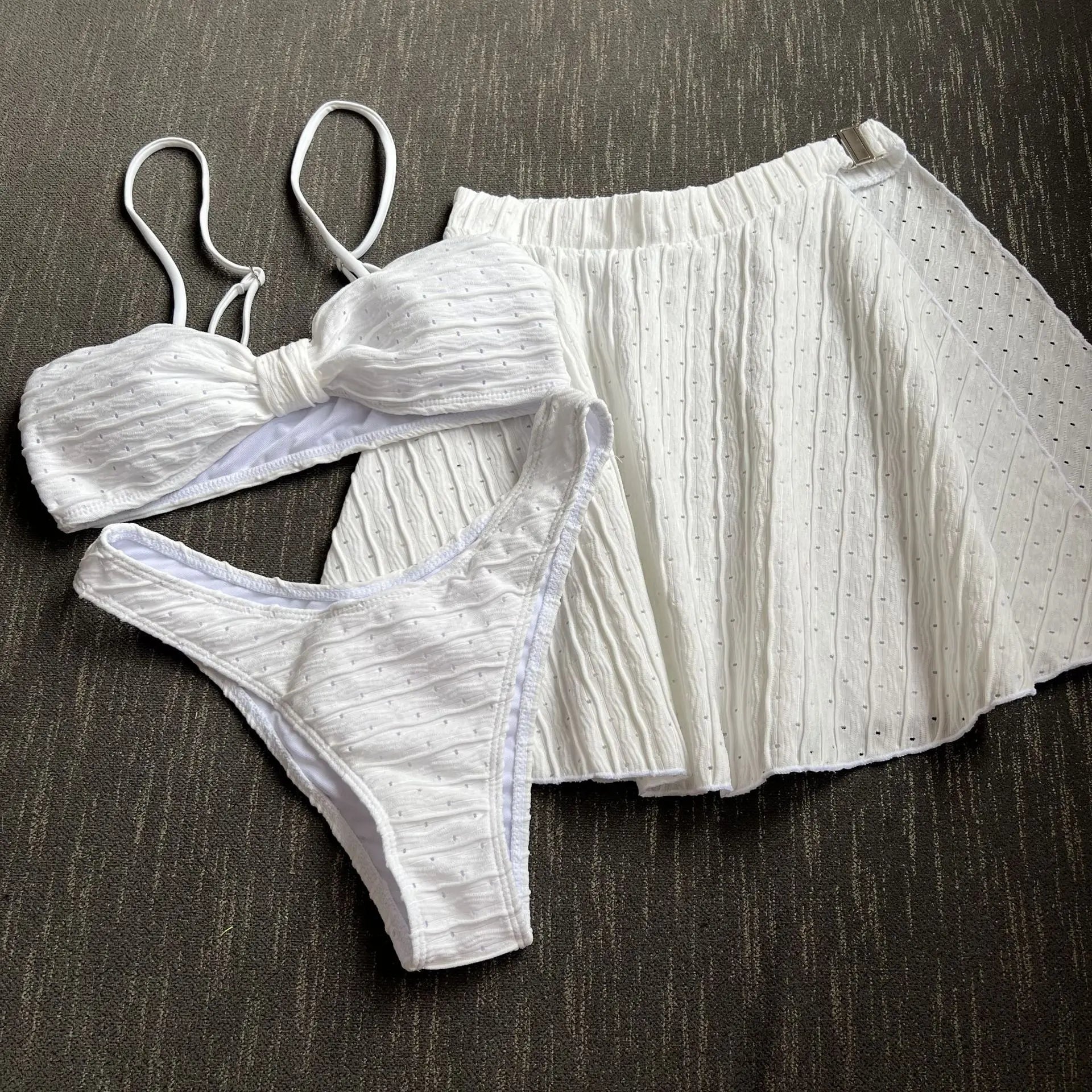 Sexy White Black 3 Piece Bikinis Sets Women Front Bow Push Up Split Mesh Skirt Swimsuit 2026 Beach Bathing Suit Thong Swimwear